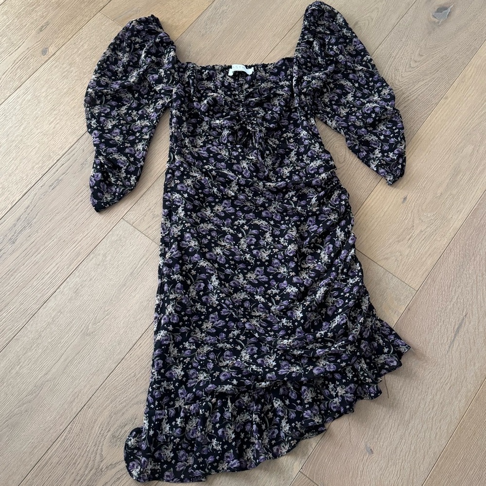 ASTR the Label Sweetheart Cutout Dress Black-Purple Ditsy Print Size Medium - Picture 4 of 11